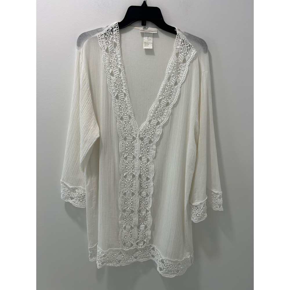 La Blanca White Crochet Lace Trim Crinkle Gauze Swim Cover Up Tunic XL